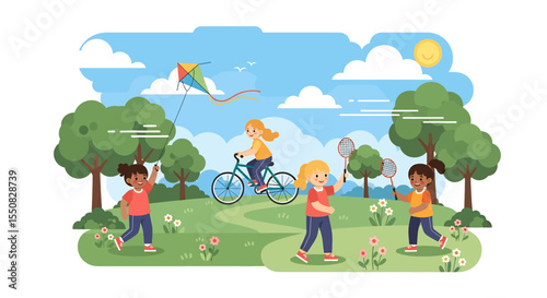 Adobe illustrator artwork vector illustration of a lively summer park scene where diverse kids enjoy various outdoor activities like playing in a kite, cycling, badminton perfect for children's themes
