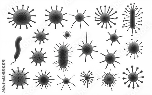 Black and white microbial shapes illustrating diverse bacterial and viral forms. High quality
