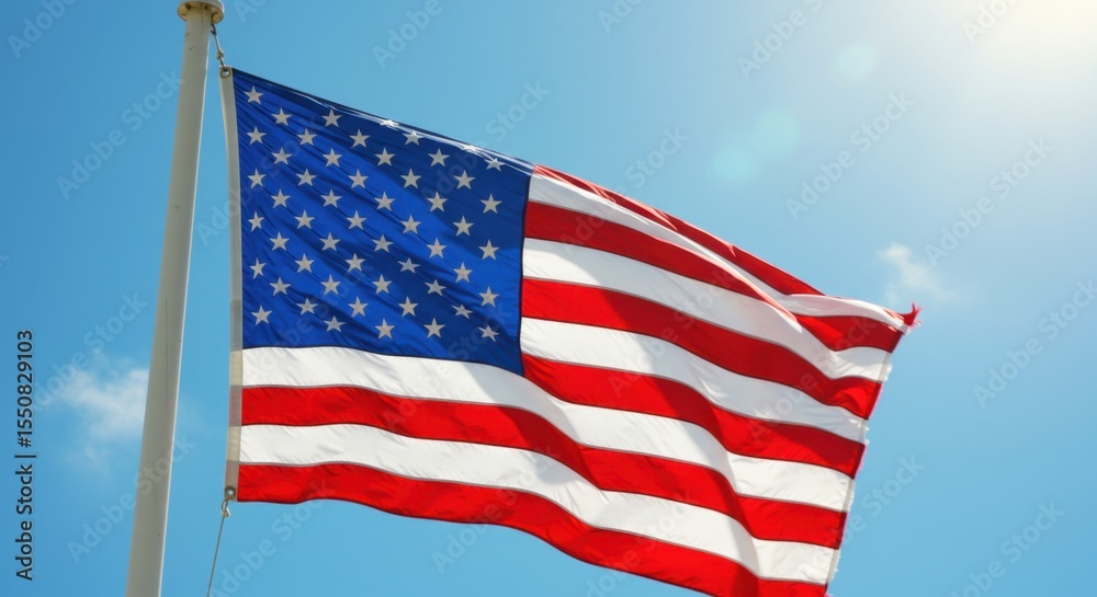 Fototapeta premium American Flag Waving in Sunny Sky