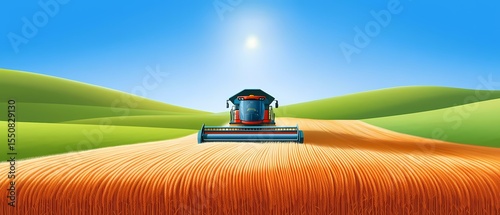 Modern Harvesting Machine in Wheat Field Under Bright Blue Sky