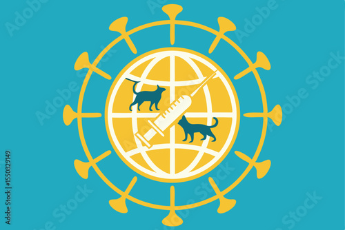 Vaccination symbol featuring a syringe and two cats within a globe illustration