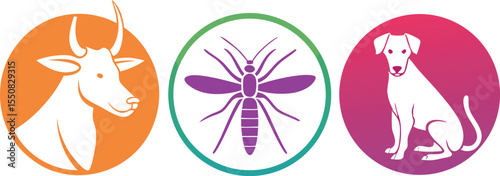 Vector illustration featuring cow mosquito and dog icons in colorful circular frames