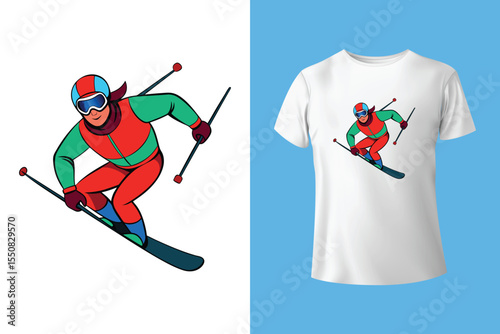 Ski winter sport vintage typography t shirt design with glasses and skier silhouette	