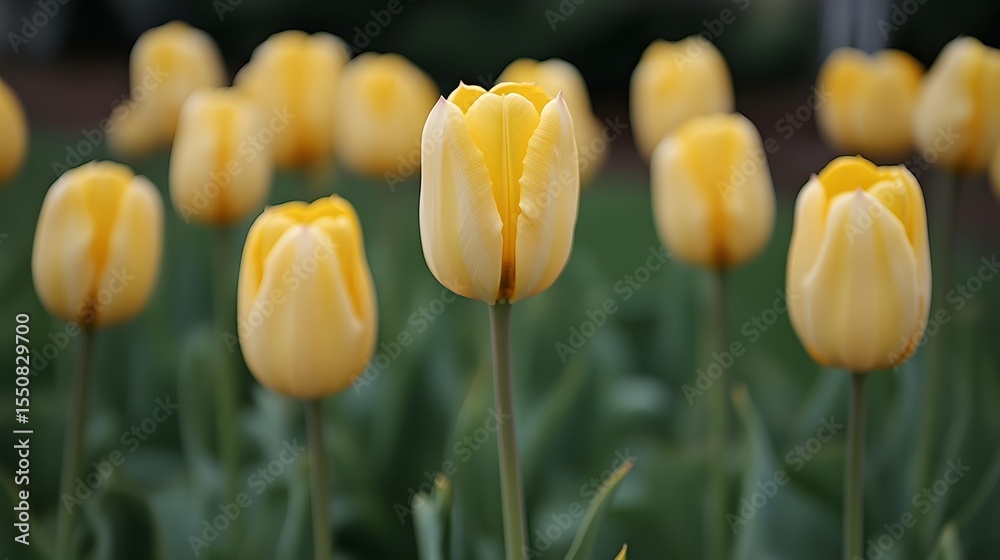 Obraz premium Beautiful Yellow Tulips Blooming in Spring Garden