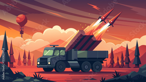 Stylized vector of rockets launching from a mobile artillery truck against a smoky sunset battlefield