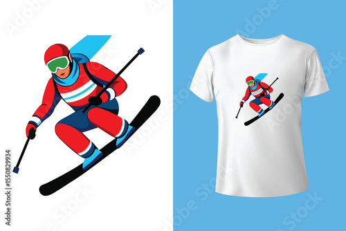 Ski winter sport vintage typography t shirt design with glasses and skier silhouette	