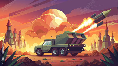 Stylized vector of rockets launching from a mobile artillery truck against a smoky sunset battlefield