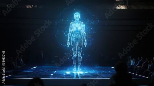 A hologram of a virtual assistant floating in the air during a tech presentation