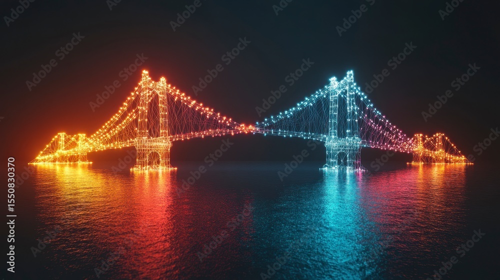 Fototapeta premium Illuminated Bridge at Night with Colorful LED Lights Reflection