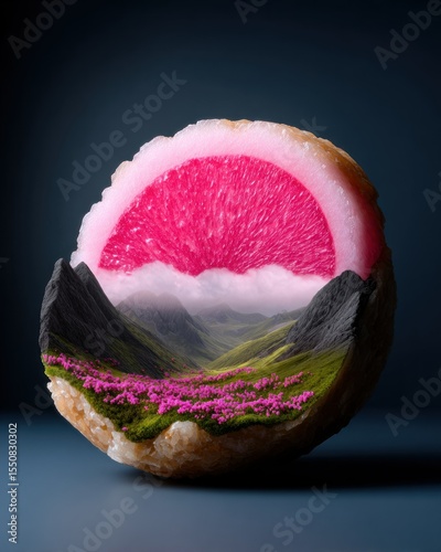Surreal Pink Radish Landscape: Whimsical Mountain Scene Inside a Cut Radish