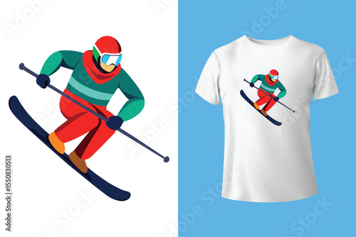 Ski winter sport vintage typography t shirt design with glasses and skier silhouette	