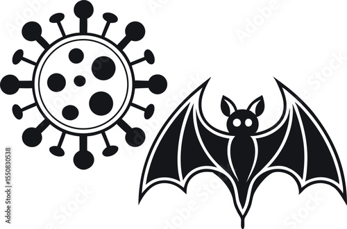 Vector illustration of coronavirus symbol and bat in black and white