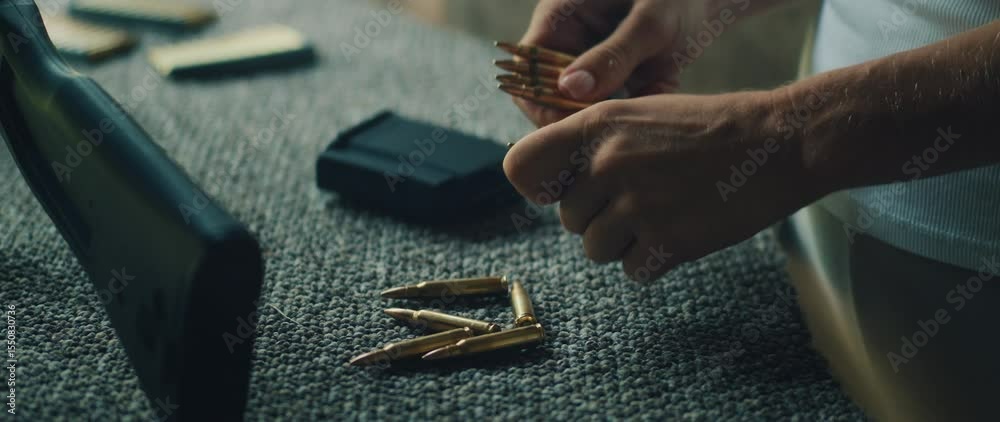 custom made wallpaper toronto digitalPerson gathers bullets for magazine loading on bench during shooting preparation