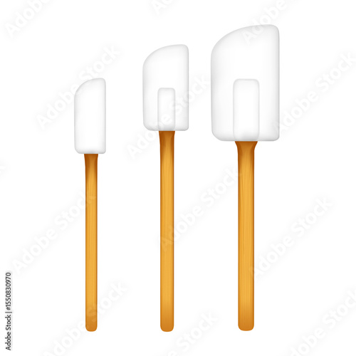 Rubber or silicon spatulas, three sizes, large, medium, and small kitchen tools, wood handle with natural grain texture. Isolated on white background.