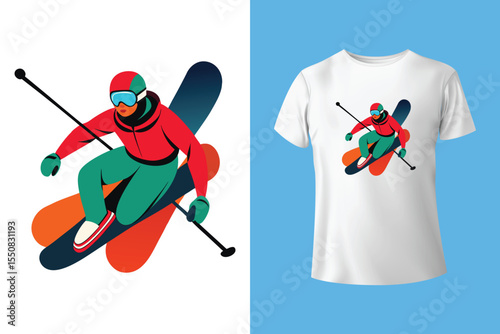 Ski winter sport vintage typography t shirt design with glasses and skier silhouette	