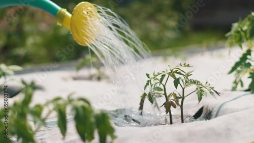 Close-up of small tomato plant being watered in garden with green watering can. Young seedling grows through fabric mulch under sunlight. Concept of home gardening and eco farming.