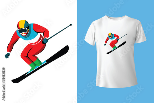Ski winter sport vintage typography t shirt design with glasses and skier silhouette	