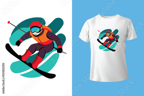 Ski winter sport vintage typography t shirt design with glasses and skier silhouette	