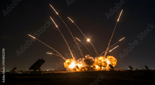 Night Sky Spectacle Missile Defense System Intercepting Multiple Incoming Missiles
