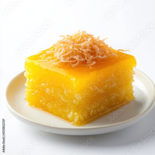 A different delicious Filipino dessert, Kue Cubir, bright yellow rice cake