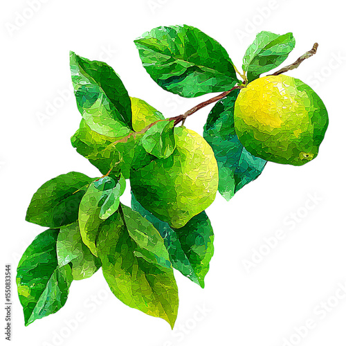 Fresh limes on a branch with vibrant green leaves.