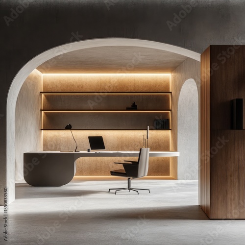 This stage photo showcases a minimalistic workspace, where functionality meets cultural inspiration in the design.