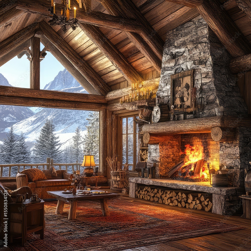 Obraz premium A cozy mountain cabin interior with a roaring fireplace and wooden furniture. -