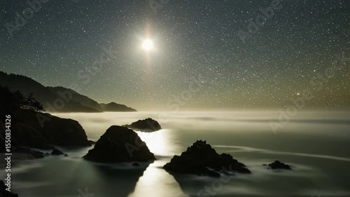 Serene night landscape with moonlit ocean and starry sky over rocks