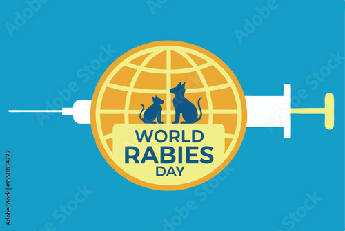 World rabies day awareness illustrated with a globe syringe and animal silhouettes