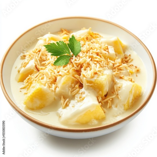 , Langka with Sweetened Coconut Milk, ripe jackfruit simmered in a creamy coconut sauce, garnished with toasted rice, isolated on a white background