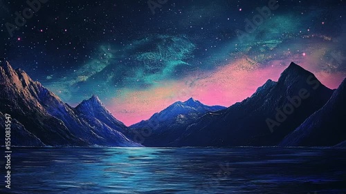 Serene Night Landscape with Mountains and Starry Sky Reflected in Water