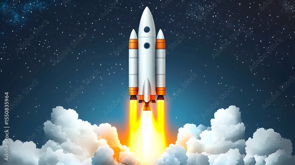 Fototapeta premium Powerful Rocket Launching into Space, Starry Night
