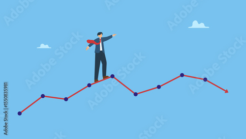 Vector illustration of businessman walking on risky investment graph. Risk and uncertainty, investment volatility or stock market and crypto currency fluctuation up and down, all weather strategy.