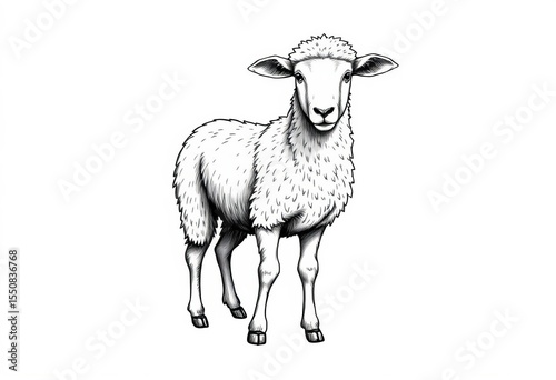 A charming hand-drawn sketch of a standing sheep, showcasing its woolly texture; perfect for vintage farm themes,  art,  illustration