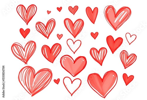 A charming set of hand-drawn red hearts, various styles, isolated on white Perfect for Valentine's Day designs,  whimsical,  clipart