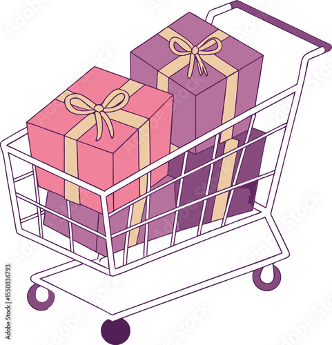 Stylish Shopping Cart with Pink and Purple Gifts on Pastel Mint Green Background