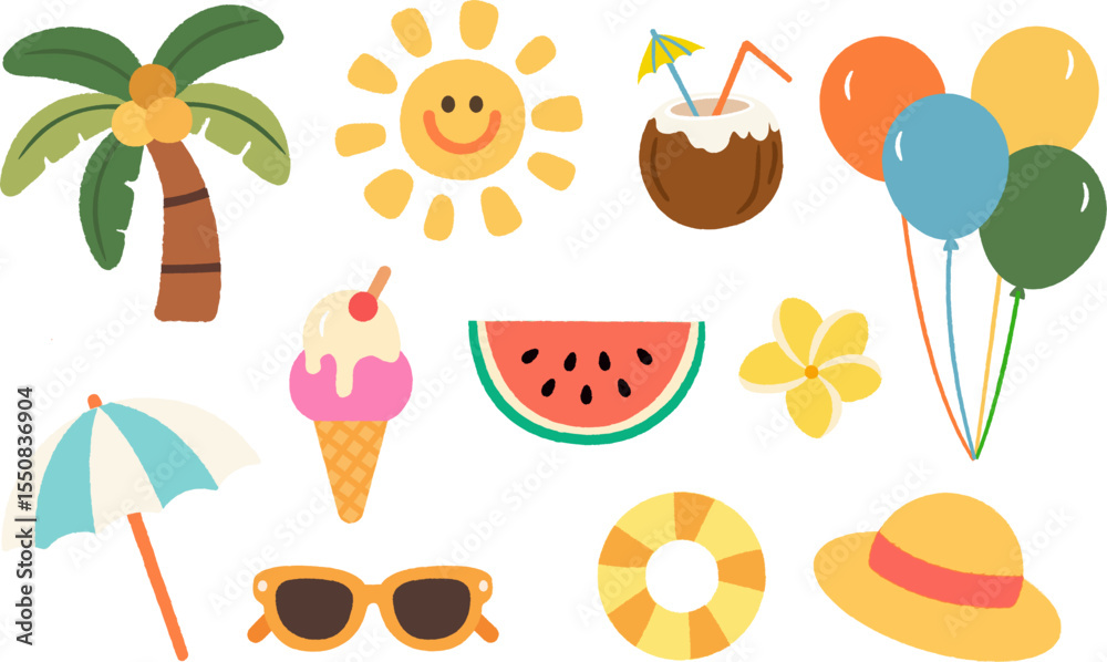 Fototapeta premium Summer hand drawn flat illustration, cute cartoon summer elements, coconut tree, straw hat, sunglasses, watermelon, ice cream, summer beach hand drawn elements