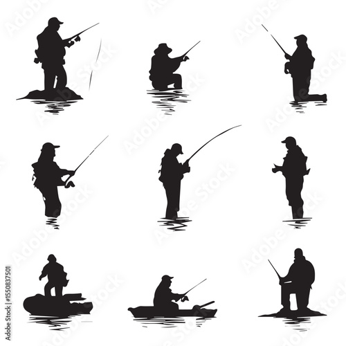  bass fisherman silhouette set, Black & White silhouette set