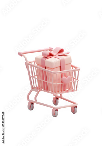 3D pink shopping cart with heart symbol carrying a gift box. Cute pastel style for Valentine, shopping, or love theme