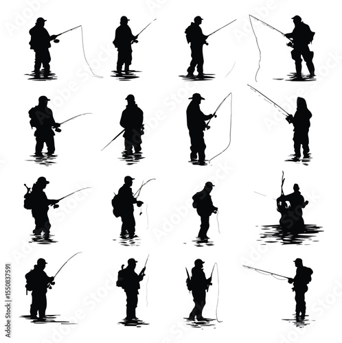  bass fisherman silhouette set, Black & White silhouette set