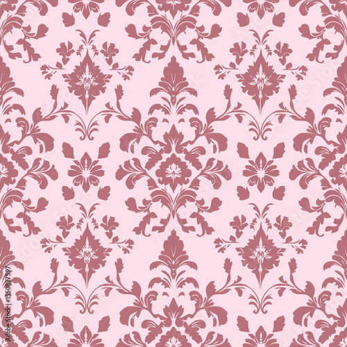Damask Rococo, seamless Rose Gold on Pale Pink, a soft, sweet romantic used for vector-style tile wallpapers.