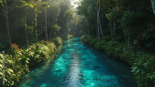 Serene river flowing through lush tropical forest with sunlight filtering