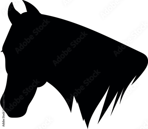 Black silhouette of a horse's head with a mane. Vector illustration for logo, design, calendar.