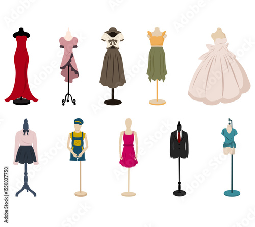 Stylish illustration of fashion mannequins in various outfit designs, ideal for boutique signage, fashion store displays, and retail decoration.