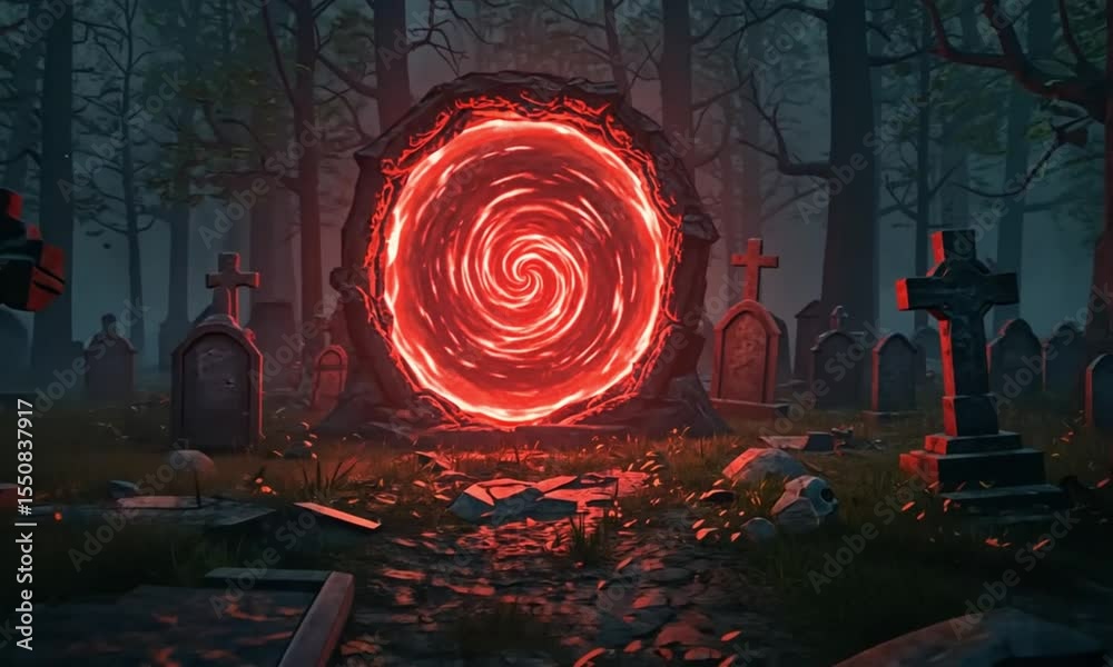 Red Portal in a Foggy Graveyard (1)