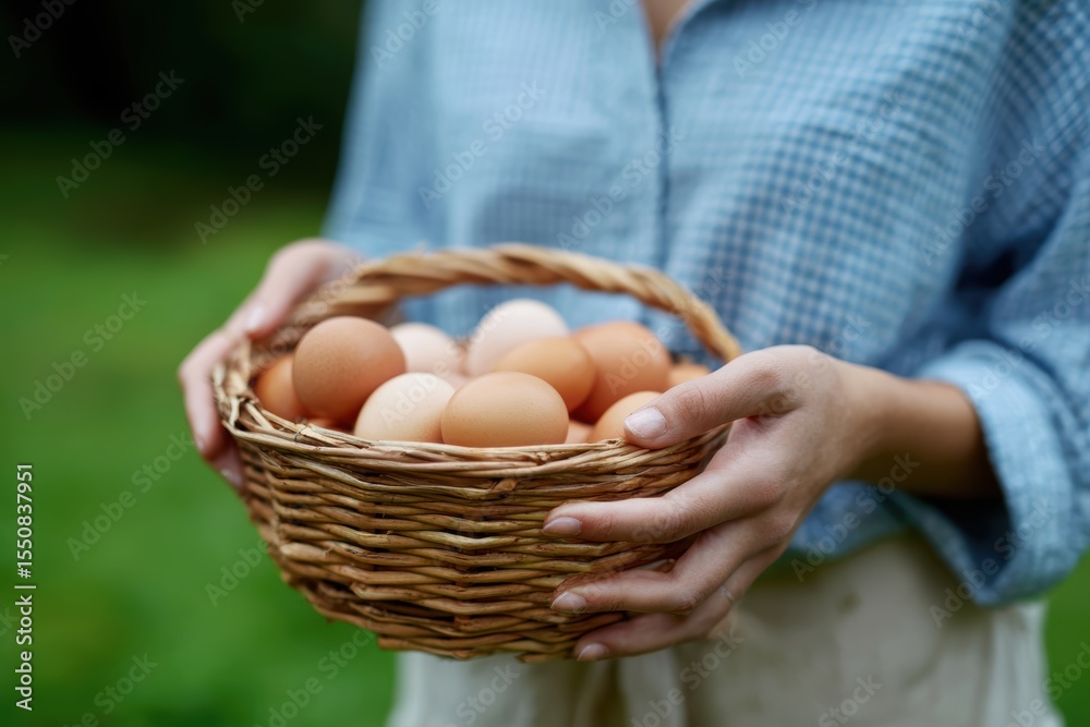 Woman holding a basket of fresh farm eggs outdoors Woman holding a basket of fresh farm eggs outdoors