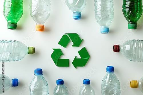Green recycle emblem surrounded by colorful plastic bottles on a clean white surface suggests sustainability