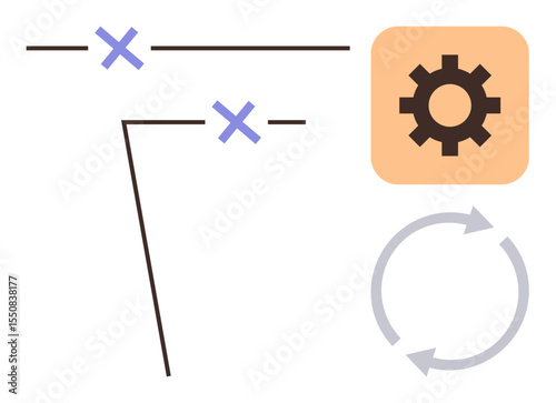 Gear icon and diagram with cross marks represent planning and workflow. Circular arrows signify repetition and improvement. Ideal for strategy, development, efficiency, engineering, system design