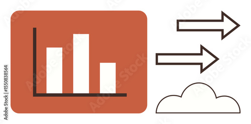 Bar chart representing data analysis, arrows indicating data transfer, cloud referencing storage or mobility. Ideal for analytics, technology, data sharing, cloud computing, networking, forecasting