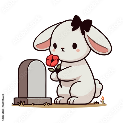 Cartoon Bunny Holding Red Rose Beside Grave With Candle On White Background